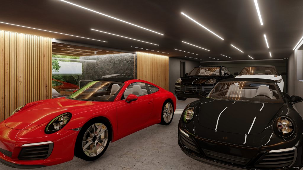 vizualizácia garáže luxusných automobilov nadväzujúca sklenenou stenou do súkromného wellness v modernom prírodnom dome